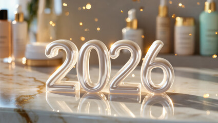 Elegant 2026 glass numbers on marble with sparkling background.