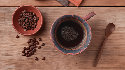 Rustic Coffee Moment: Top View. Top or "flat" view of a cup of freshly brewed black coffee in a rustic ceramic cup, accompanied by a small matching wooden spoon.