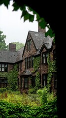 A historic stone house covered in ivy, framed by foliage, on a misty day.