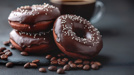 Exquisite chocolate donuts covered in white chocolate sprinkles and served with coffee beans. Coffee time