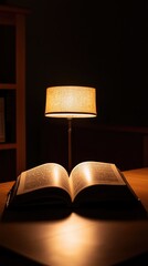 An open book sits on a table, illuminated by a lamp in a dark room. The warm light creates a cozy and intimate atmosphere.