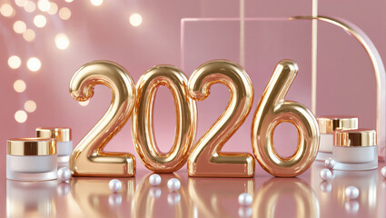 Golden 2026 balloon numbers with luxury beauty cream jars on pink background.