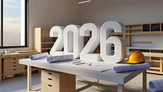 2026 architectural vision: blueprints and hard hat in modern design studio. - Powered by Adobe