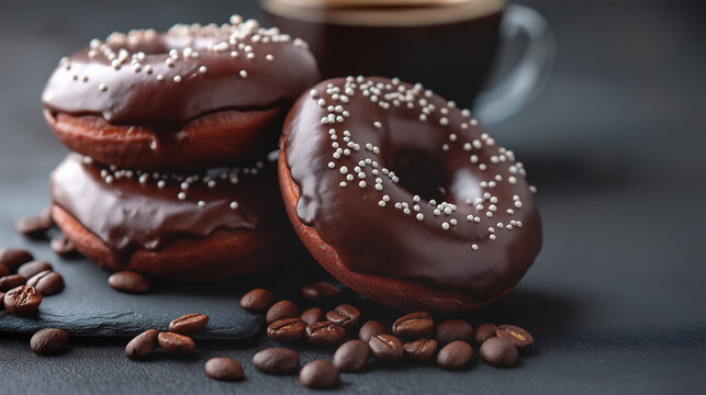 Exquisite chocolate donuts covered in white chocolate sprinkles and served with coffee beans. Coffee time