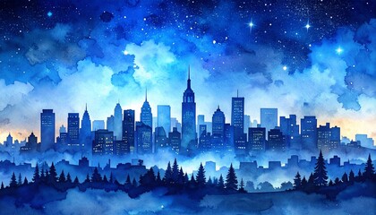 watercolor skyline city silhouette in night blue tone