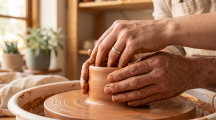 Hands shaping clay on pottery wheel, ideal for mental health, wellness, and craft marketing. Hygge style macro photography for digital detox and artisan branding.