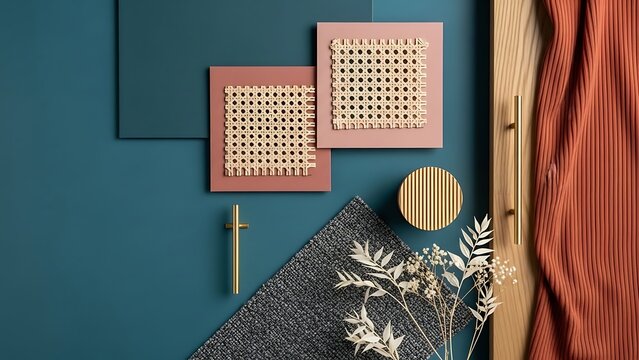 Interior designer presents mood board with color swatches, textures, and hardware samples for modern home renovation project, showcasing stylish and sophisticated aesthetic.