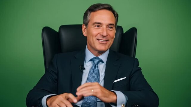Man in suit speaking while sitting in a chair, expressing different emotions for content creation on green screen background