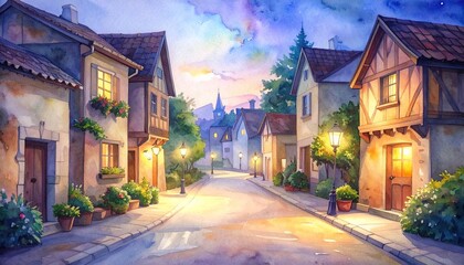 watercolor cozy village street with lights in dusk