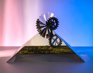 Geometric sculpture; mirrored pyramid, gears, and moss