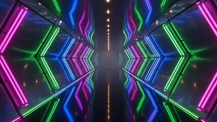 Futuristic Sci Fi Tunnel with Glowing Neon Lights.