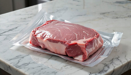 Vacuum-packed piece of meat resting on marble surface ready for storage or cooking