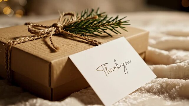 Close up of a rustic brown gift box tied with twine and decorated with a pine sprig next to a thank you card christmas gift reaction