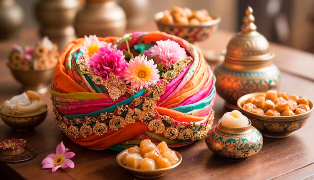 Colorful turban adorned with flowers on table next to traditional sweets in decorative bowls