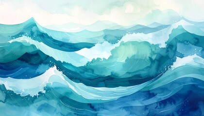 watercolor ocean waves background blue turquoise tone 