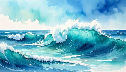 watercolor ocean waves background blue turquoise tone 