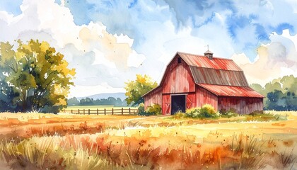 watercolor rustic barn in countryside landscape