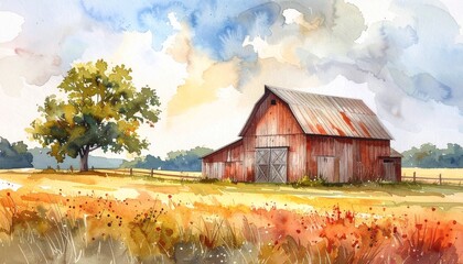 watercolor rustic barn in countryside landscape