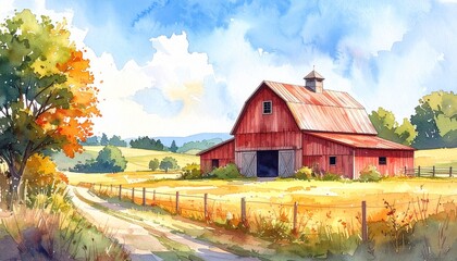 watercolor rustic barn in countryside landscape