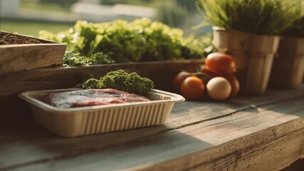 Medium shot of ecofriendly compostable meat packaging showcasing natural fibers and biodegradable materials in a sustainable food industry setting.
