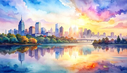 watercolor skyline reflection on river background 