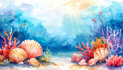 watercolor underwater coral and shells background