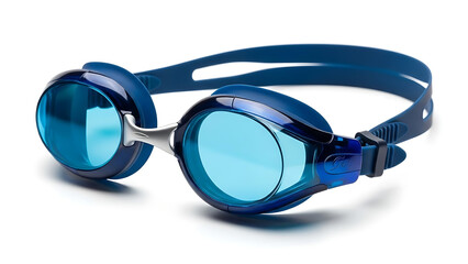 Blue professional swimming goggles for water sports and competition on white
