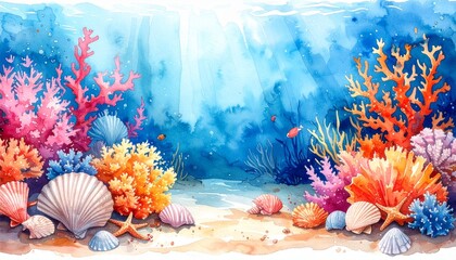 watercolor underwater coral and shells background