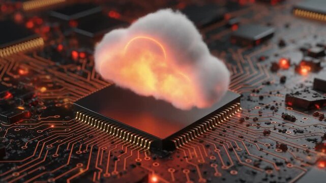 Fluffy cloud resting on an illuminated computer chip representing modern digital cloud storage and powerful data processing concepts