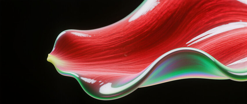chic and sensuous crimson silk petal showcased against dark backdrop with luminous curves and green edges