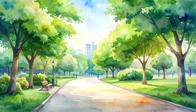 watercolor urban park background with green trees