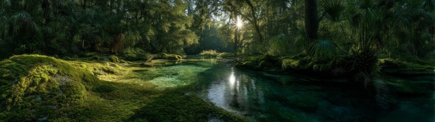 Serene nature panorama forest stream hdr landscape morning light tranquil environment