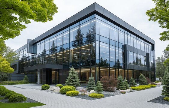 The facade of a contemporary glass office building features clean lines and lush greenery.