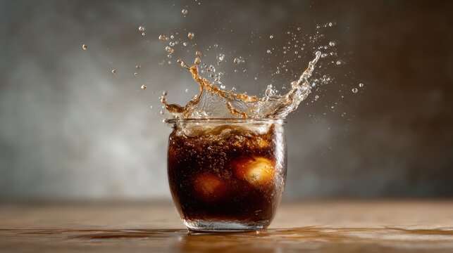 Dramatic splash of refreshing cola with ice cubes in a vintage mason jar - Powered by Adobe