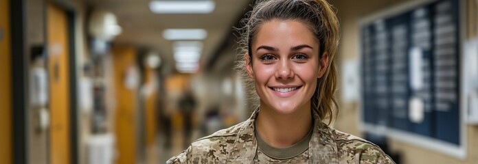 Obraz premium Military girl student wears uniform