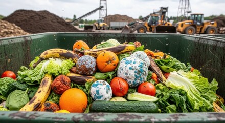 Reduce food waste with composting and recycling to help the environment, showing spoiled produce and equipment for waste management