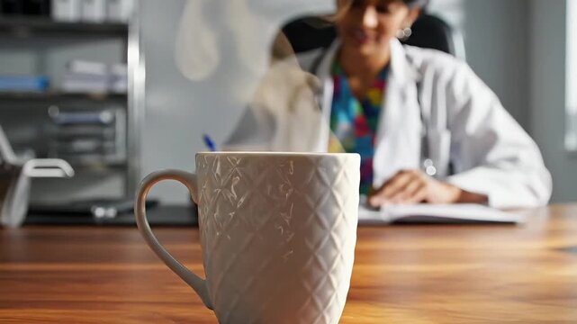 Female Doctor Taking a Well Deserved Coffee Break at Her Desk.