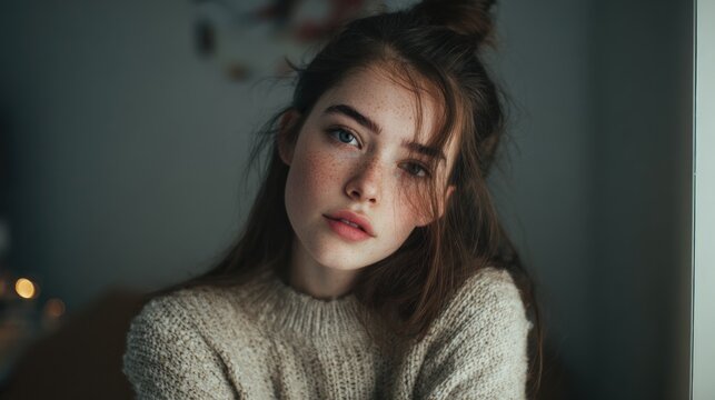 Portrait of a contemplative young woman with freckles and a soft expression