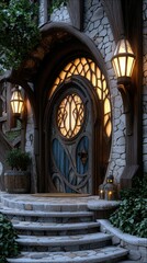 An inviting doorway with a unique design, featuring lanterns, stone steps, and a warm, inviting glow, creating a magical atmosphere at dusk.