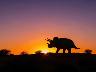 Triceratops T horridus at twilight, an interpretation of the Cretaceous period's end and prehistoric majesty under an orange-purple sky