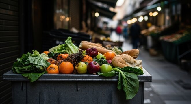 Food waste overflowing from trash bin at market, highlighting food insecurity, sustainability challenges, and the urgent need to reduce food waste - Powered by Adobe