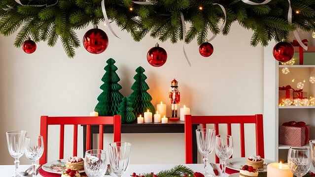 Festive christmas table setting with red chairs and ornaments creates a warm and inviting atmosphere for holiday celebration at home.