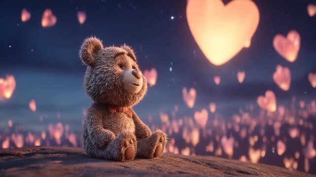 Animated teddy bear with heart shaped lights in a dreamy evening scene
