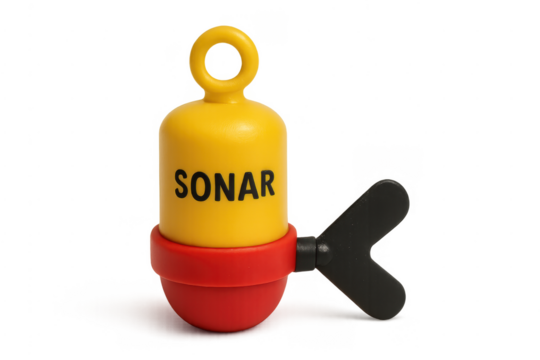 Yellow plastic sonar buoy wind-up toy - Powered by Adobe