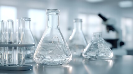 Laboratory glassware with clear liquid inside, modern scientific exploration