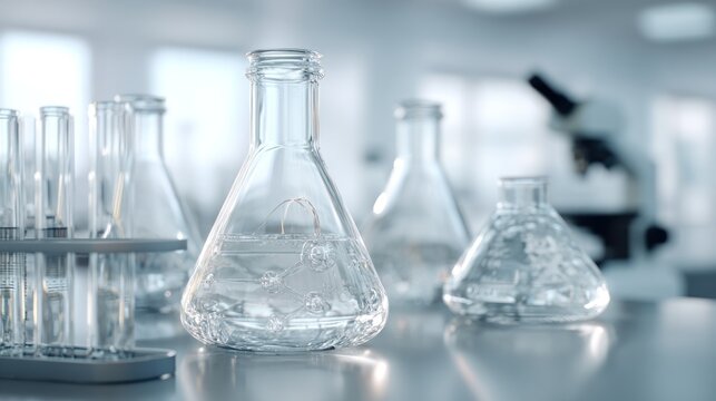 Laboratory glassware with clear liquid inside, modern scientific exploration
