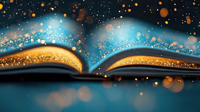 An open book with glowing light and particles emanating from its pages, set against a dark background, evoking a sense of fantasy and magic.