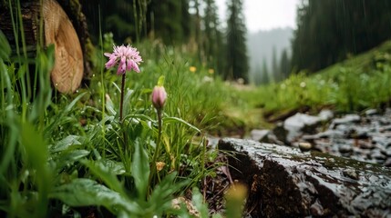 A close-up shot of a pink flower in bloom, with a forest and rain in the background, creating a moody atmosphere.