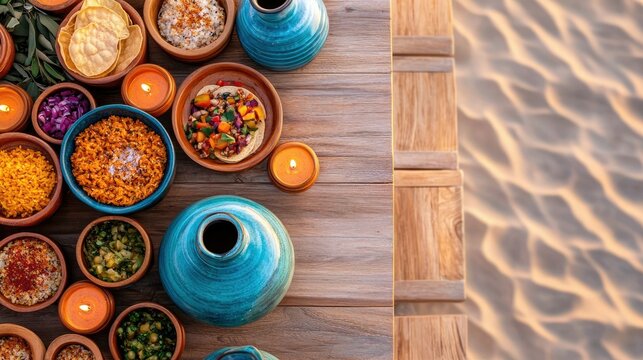 An overhead shot showcases a wooden table laden with various bowls of Mexican food, candles, and blue vases, set against a backdrop of a sandy beach.