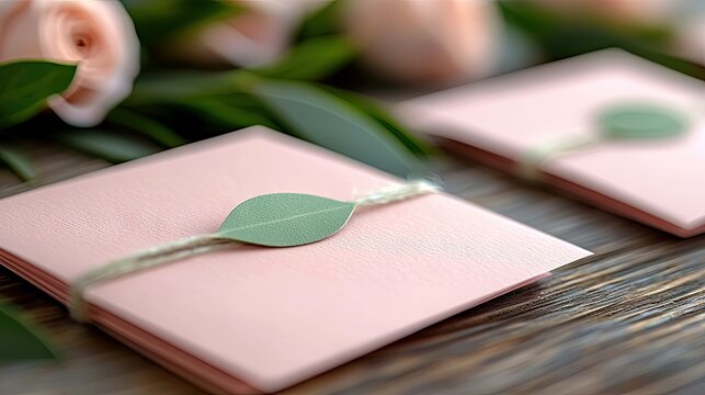 Close-up of pink invitations tied with twine and a green leaf, with roses in the background, all resting on a wooden table, with soft lighting.